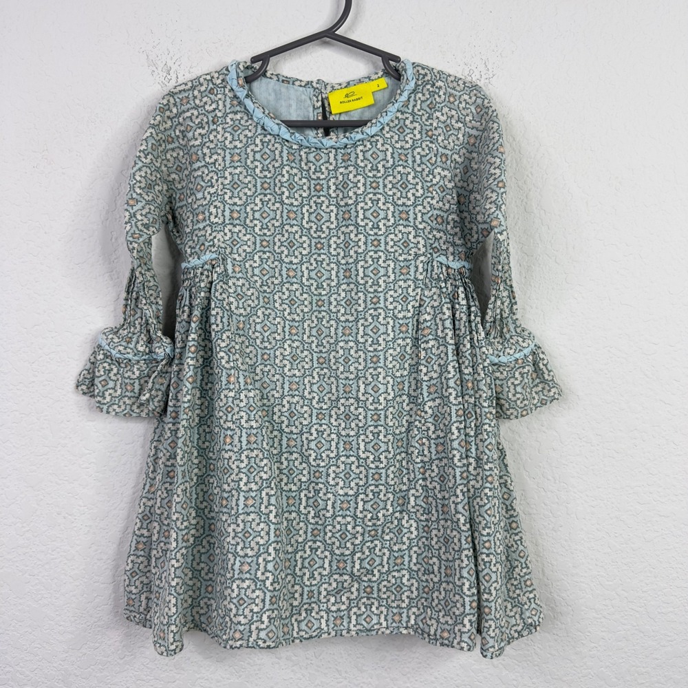 Roller Rabbit Dress Girl 2 Blue Geometric‎ Long Sleeve Boho Prairie Cottagecore